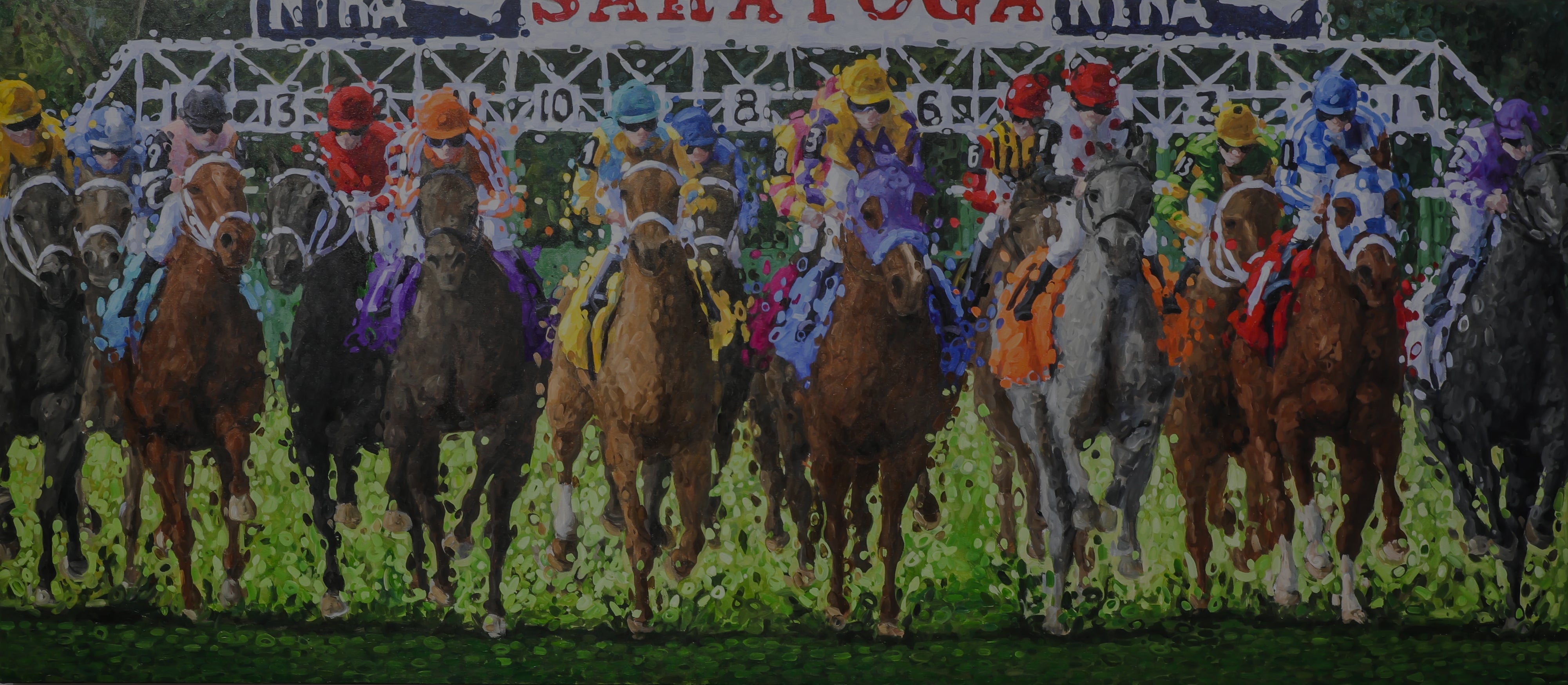 Impressionistic painting of a horse racing event at Saratoga Race Course, with jockeys in vibrant racing silks atop thoroughbred horses. They are positioned behind the starting gate, poised for the race to begin, against a backdrop of green foliage and the 'SARATOGA' sign above.