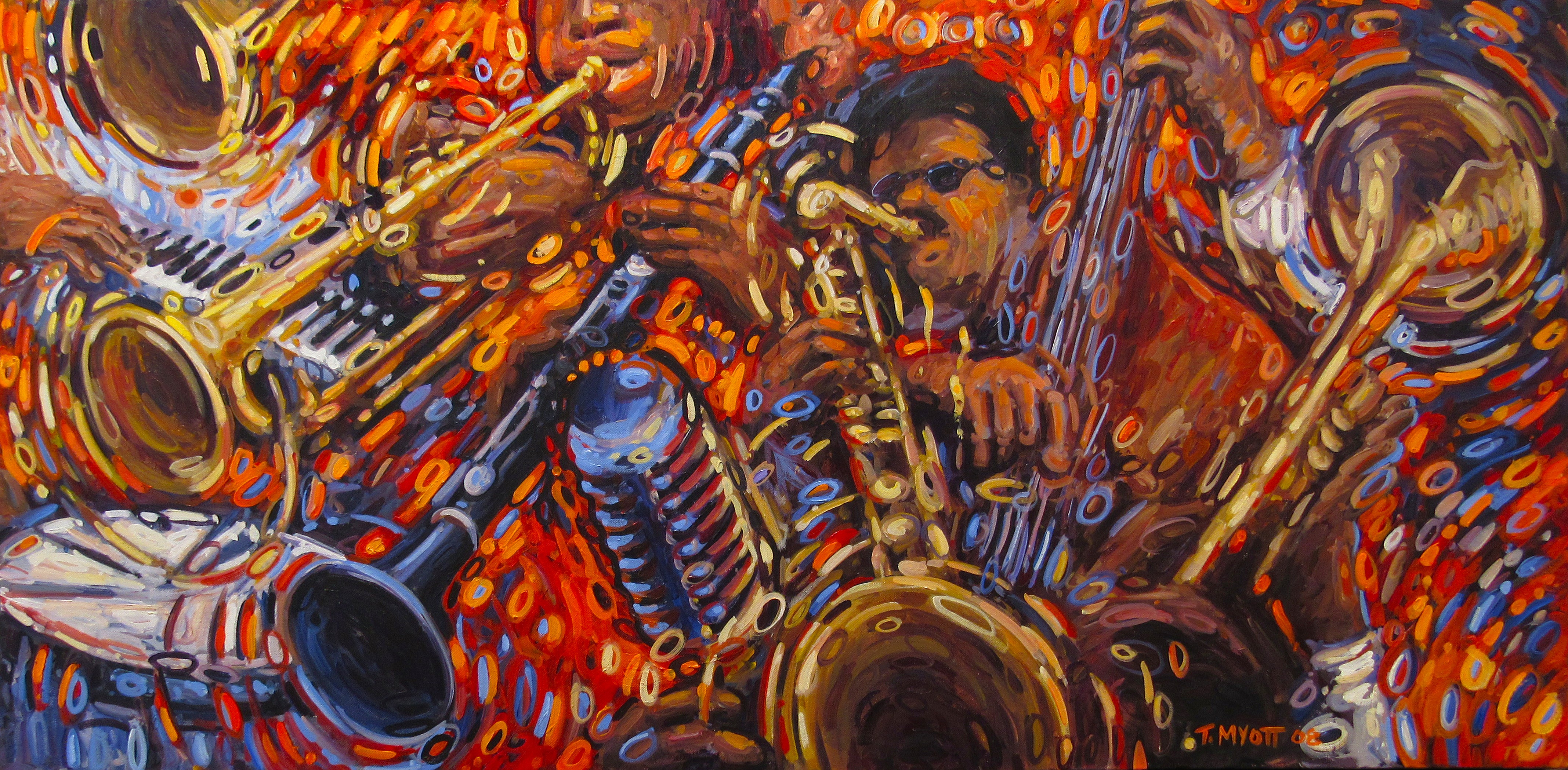 A dynamic painting by Tom Myott depicting a vibrant jazz scene. The artwork is alive with swirling patterns and warm colors that evoke the rhythm and movement of music. A saxophone player is central in the composition, surrounded by a cascade of brass instruments, all melting into a visual symphony of reds, oranges, blues, and yellows. The musician's expression is focused and intense, capturing the soulful essence of a live jazz performance.